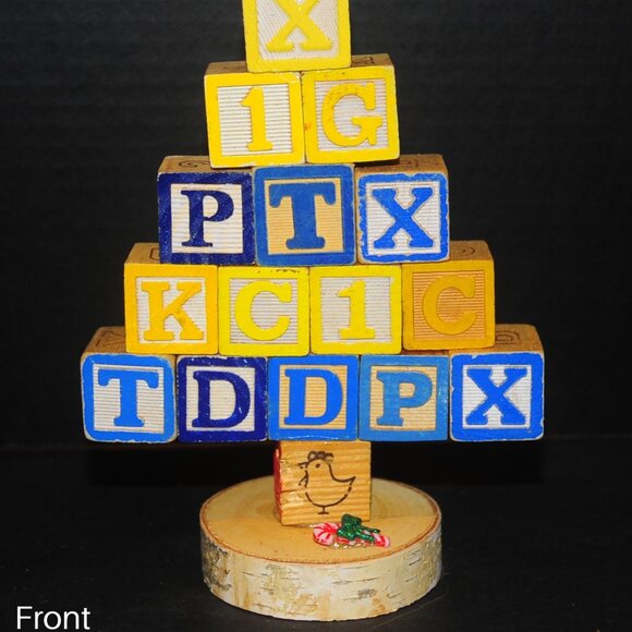 VTG Wooden Alphabet Blocks Blue & Yellow Holiday Tree Shelf Sitter 16 Blocks - Picture 1 of 3